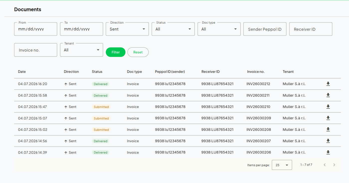 Bizzlink app — overview of sent and received Peppol invoices